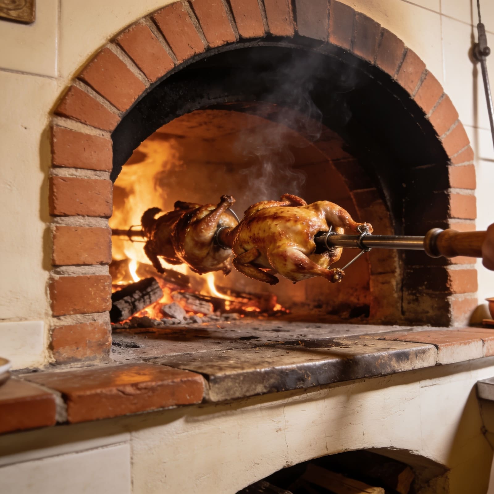 Polli allo spiedo che girano in un forno a legna acceso