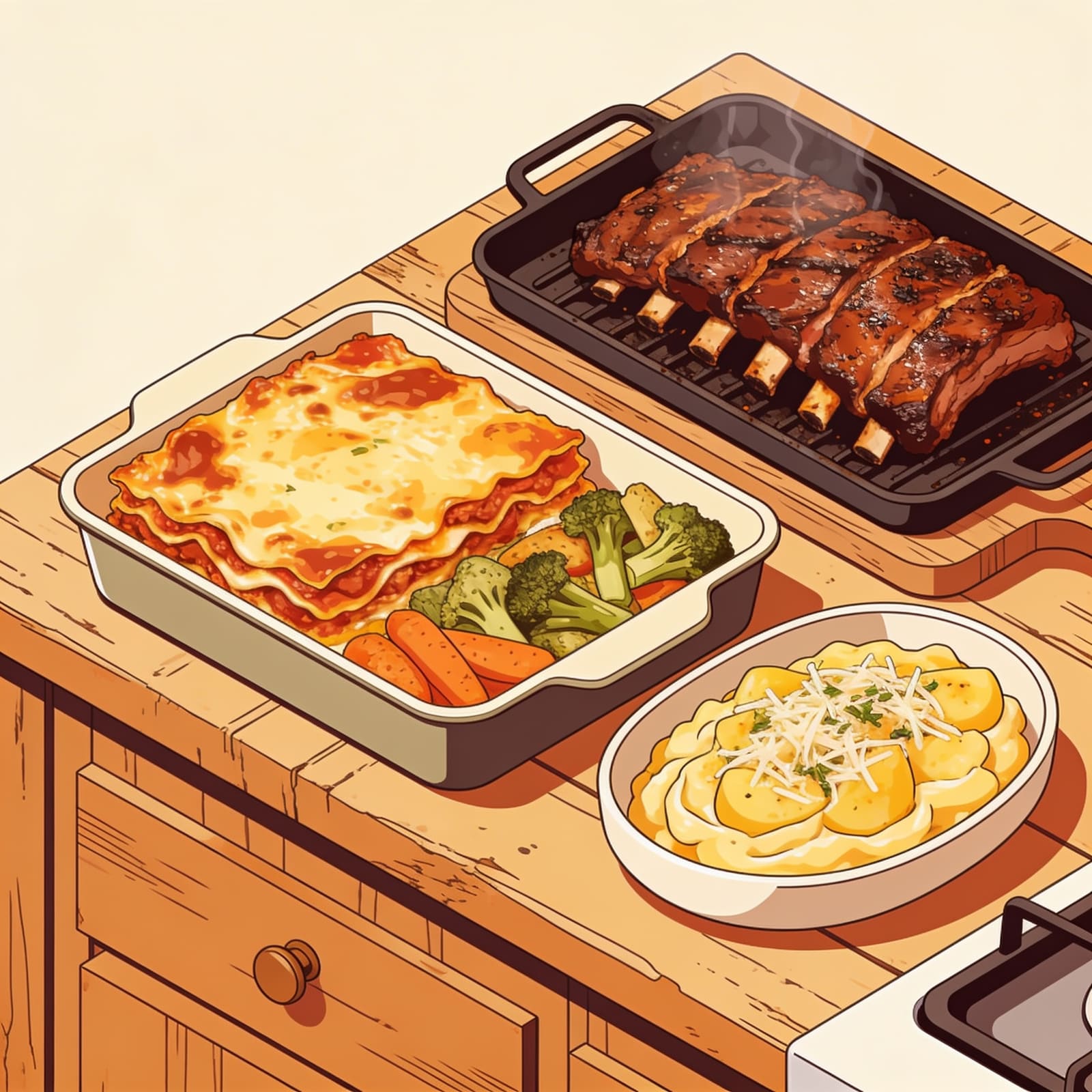 Teglia di lasagne e costine appena preparate